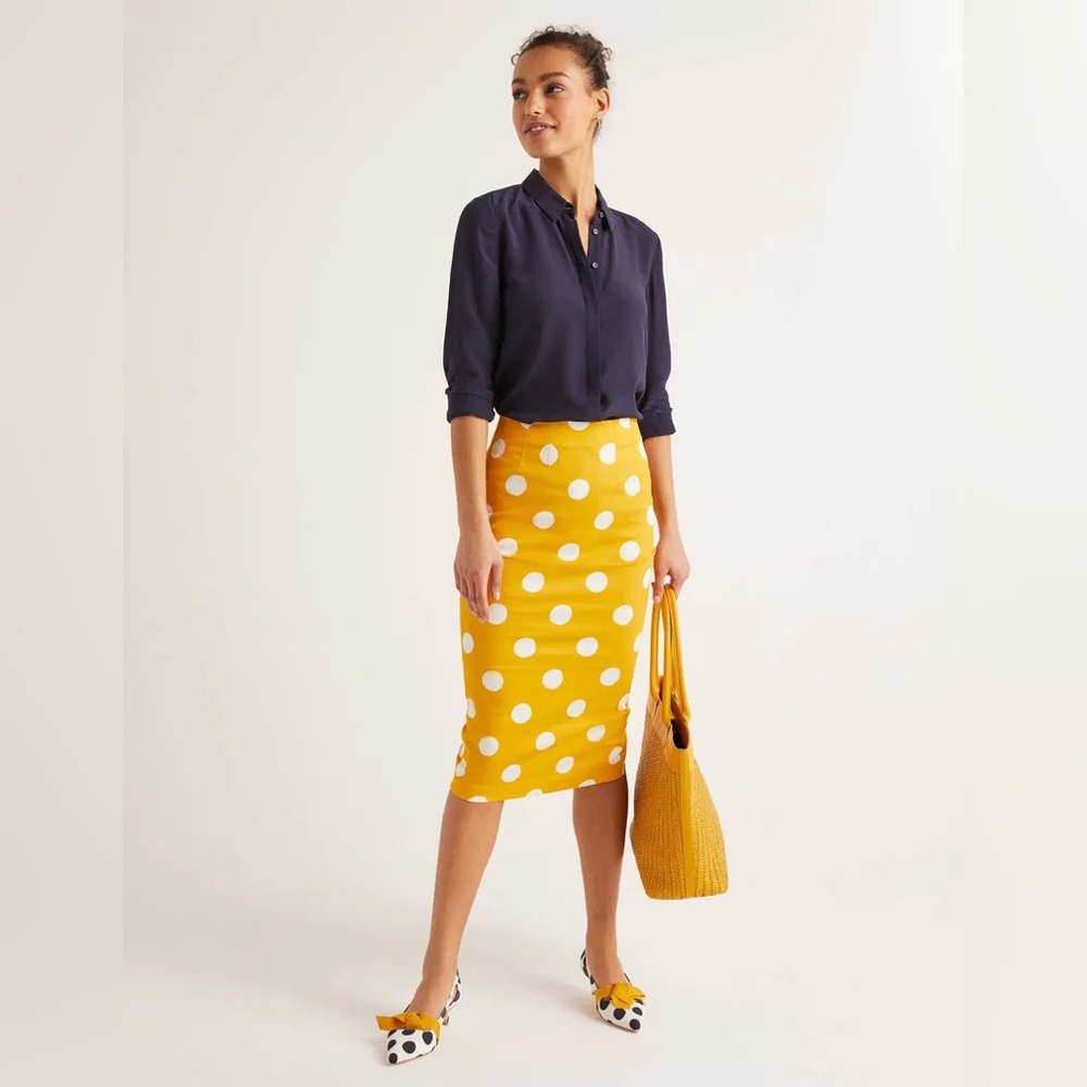 BODEN Polka Dot Chatterley White and Yellow Pencil Skirt, Size 10 - Picture 2 of 11
